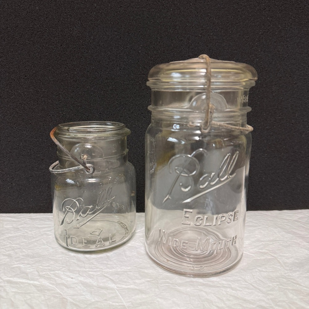 Vintage Ball Ideal 1908 & Eclipse Wide Mouth Glass Canning Jars Set of 2